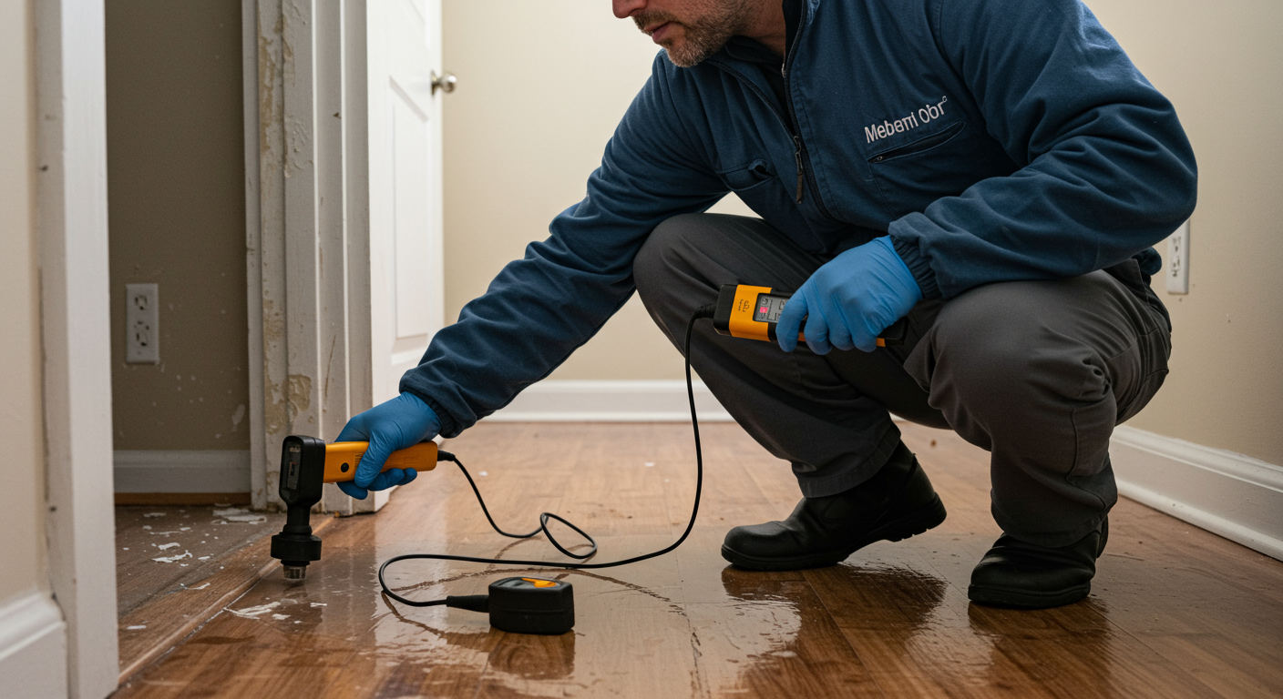 A technician inspecting a water-damaged area with moisture detection tools. The image captures the careful assessment process, highlighting professionalism and attention to detail.