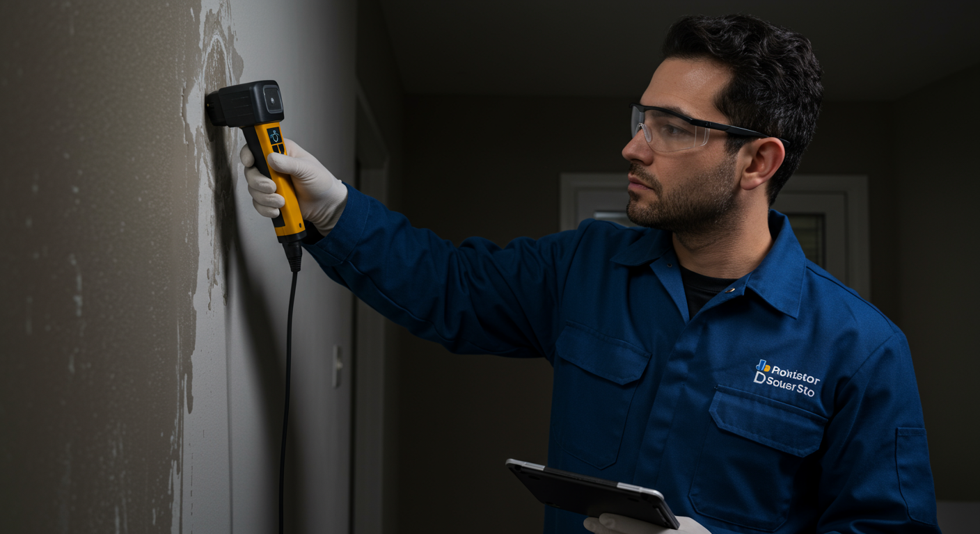 A technician in a blue uniform inspecting a water-damaged wall with moisture detection equipment, showcasing professionalism and expertise.