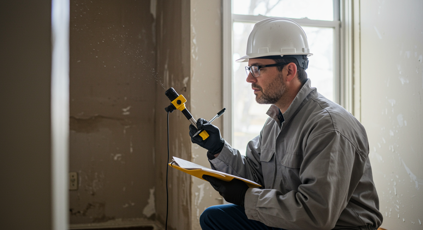 A restoration expert inspecting water damage in a home, taking notes and using moisture detection equipment.