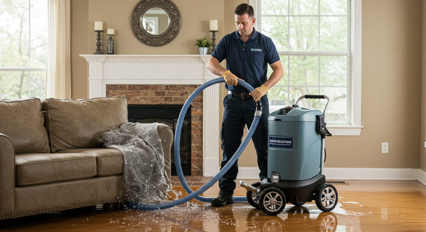 A professional water damage restoration technician in action, using specialized equipment to extract water from a flooded living room.