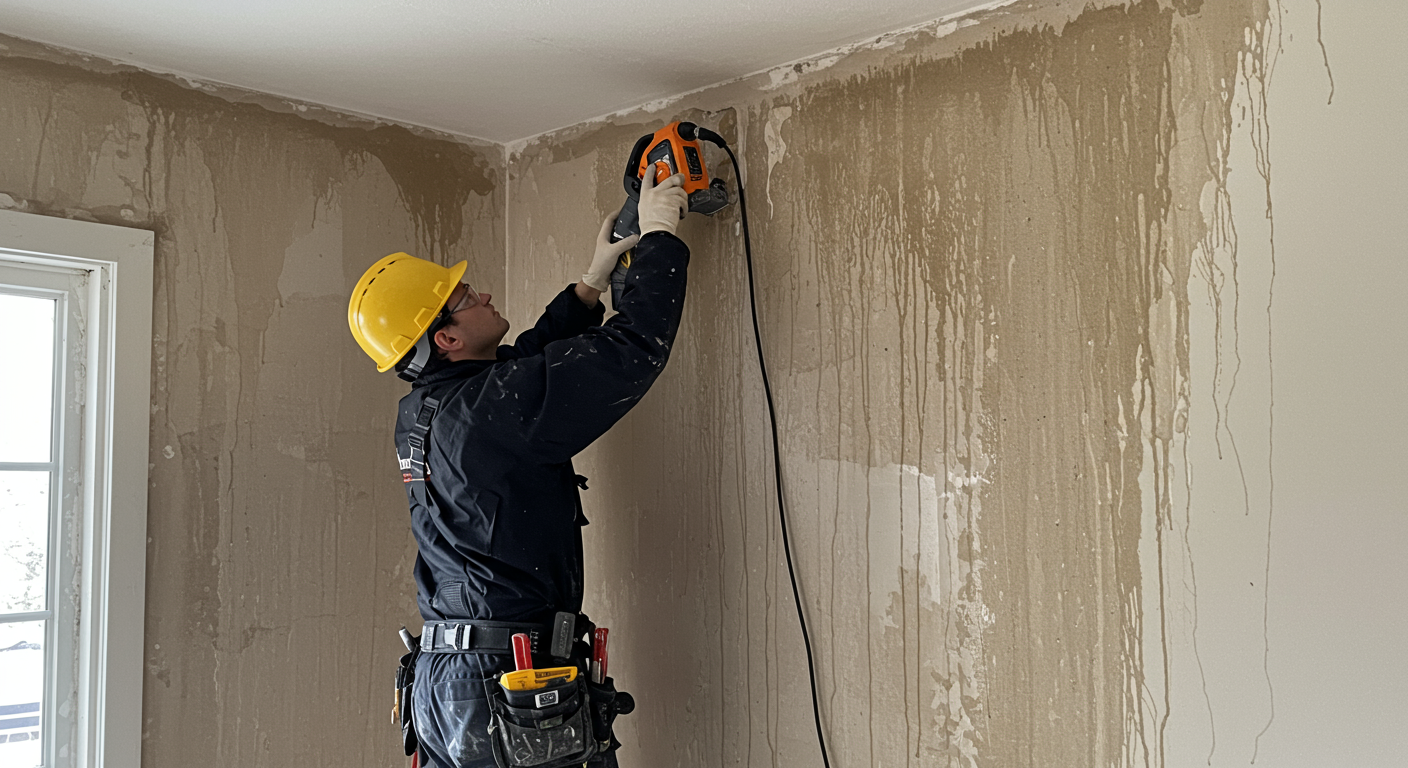 A contractor in safety gear actively working on a water-damaged wall, using specialized equipment to assess and repair the damage. Water stains are visible on the wall, highlighting the severity of the situation.