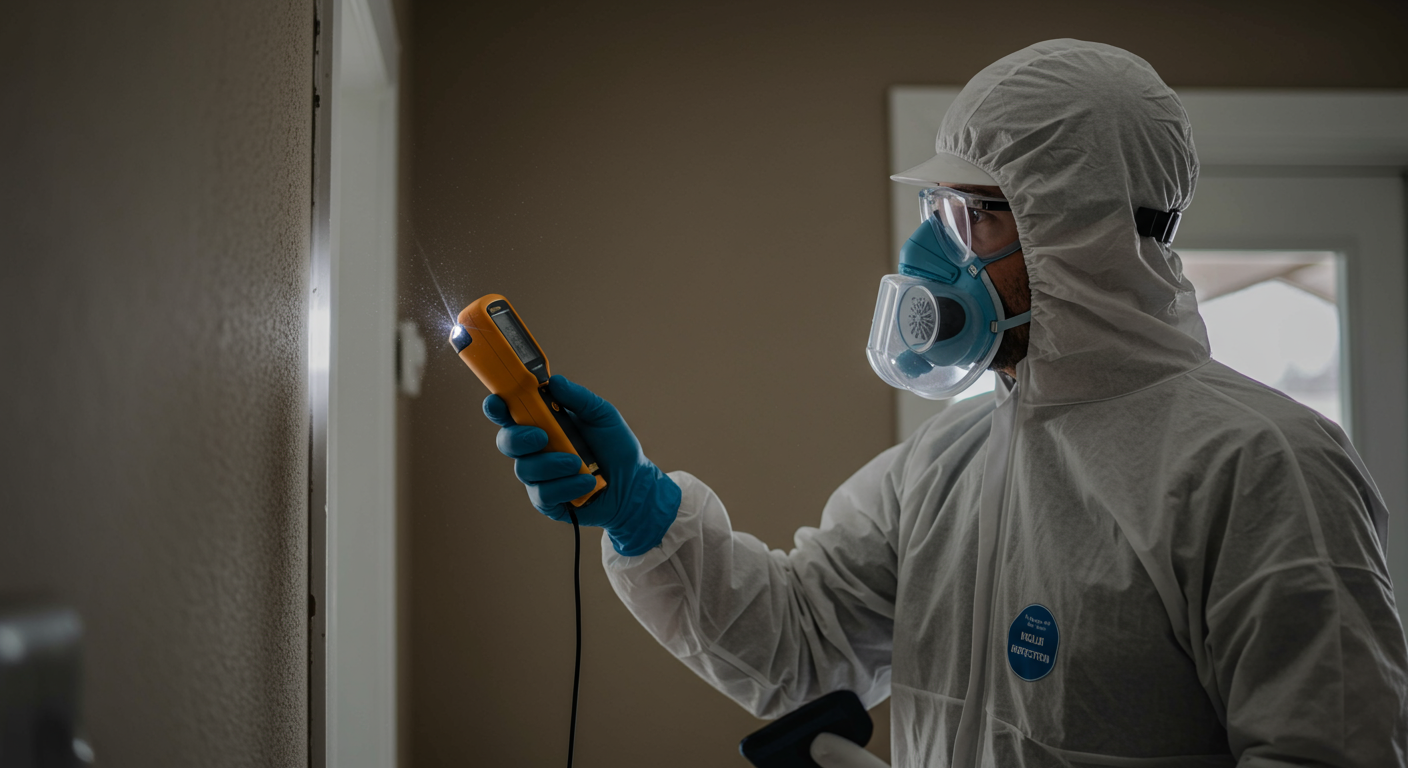 A professional mold inspector using a moisture meter and flashlight to examine a wall in a home. The inspector is wearing protective gear, highlighting the seriousness of mold inspection.