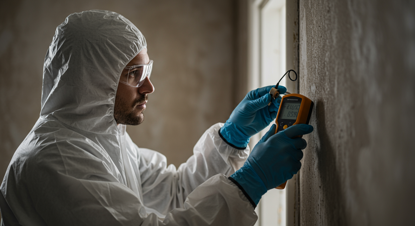 A professional mold inspector in protective gear examining a damp wall with a moisture meter.