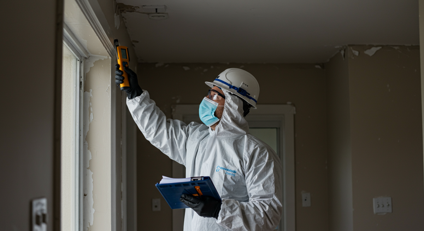 A technician in safety gear inspecting a residential property for water damage. The technician is using specialized tools, such as a moisture meter, while examining walls and ceilings.