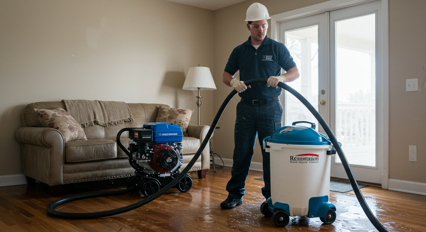 A professional restoration technician is seen using specialized equipment to extract water from a flooded living room.