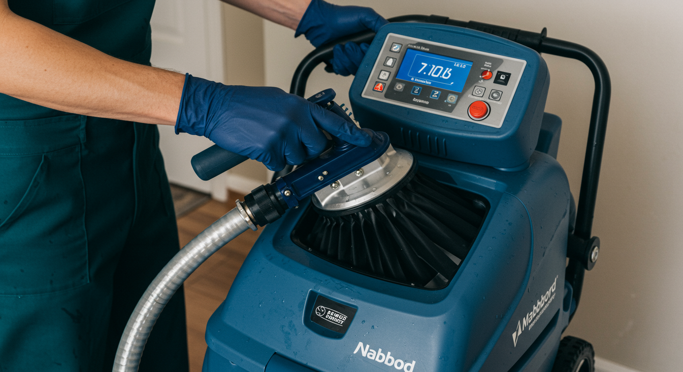 A close-up of advanced water extraction equipment being used in a home, with a focus on the technology and the technician at work.