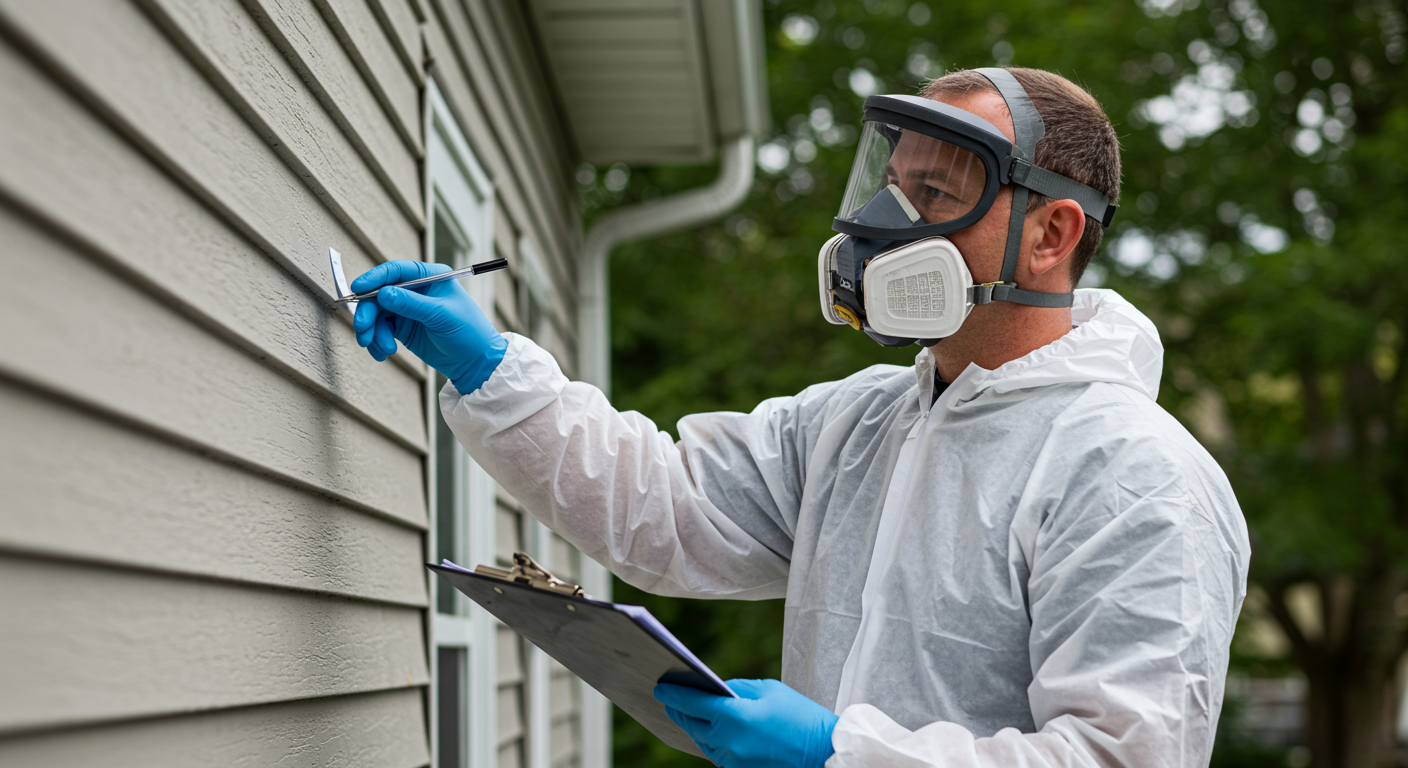 A certified asbestos removal professional inspecting a house with visible asbestos siding. The expert is wearing protective gear, including a mask and gloves, while holding a clipboard and looking at the siding.