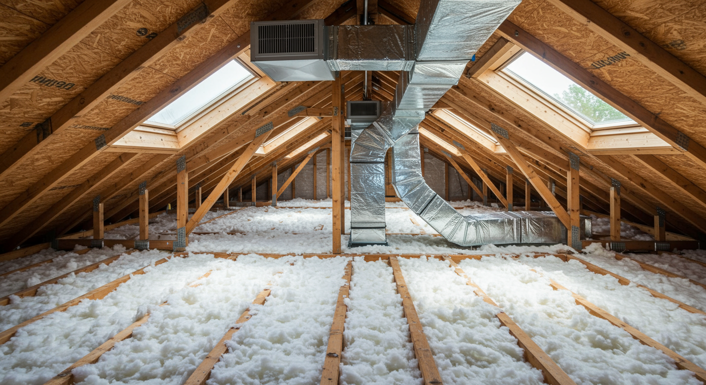 An attic with proper ventilation, showing vents and clean insulation, illustrating the importance of maintaining airflow to prevent mold growth.