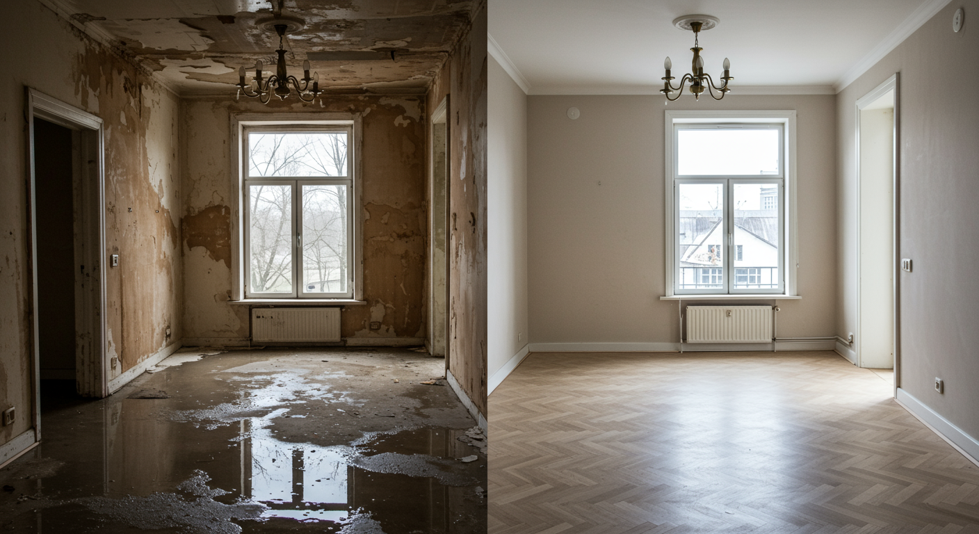 A split image showing a water-damaged room on one side and the fully restored room on the other. The contrast highlights the effectiveness of the restoration process.