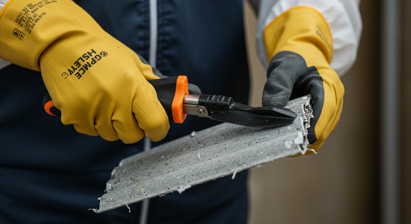 A close-up of a technician's hands wearing gloves, carefully handling asbestos removal materials while following safety protocols.