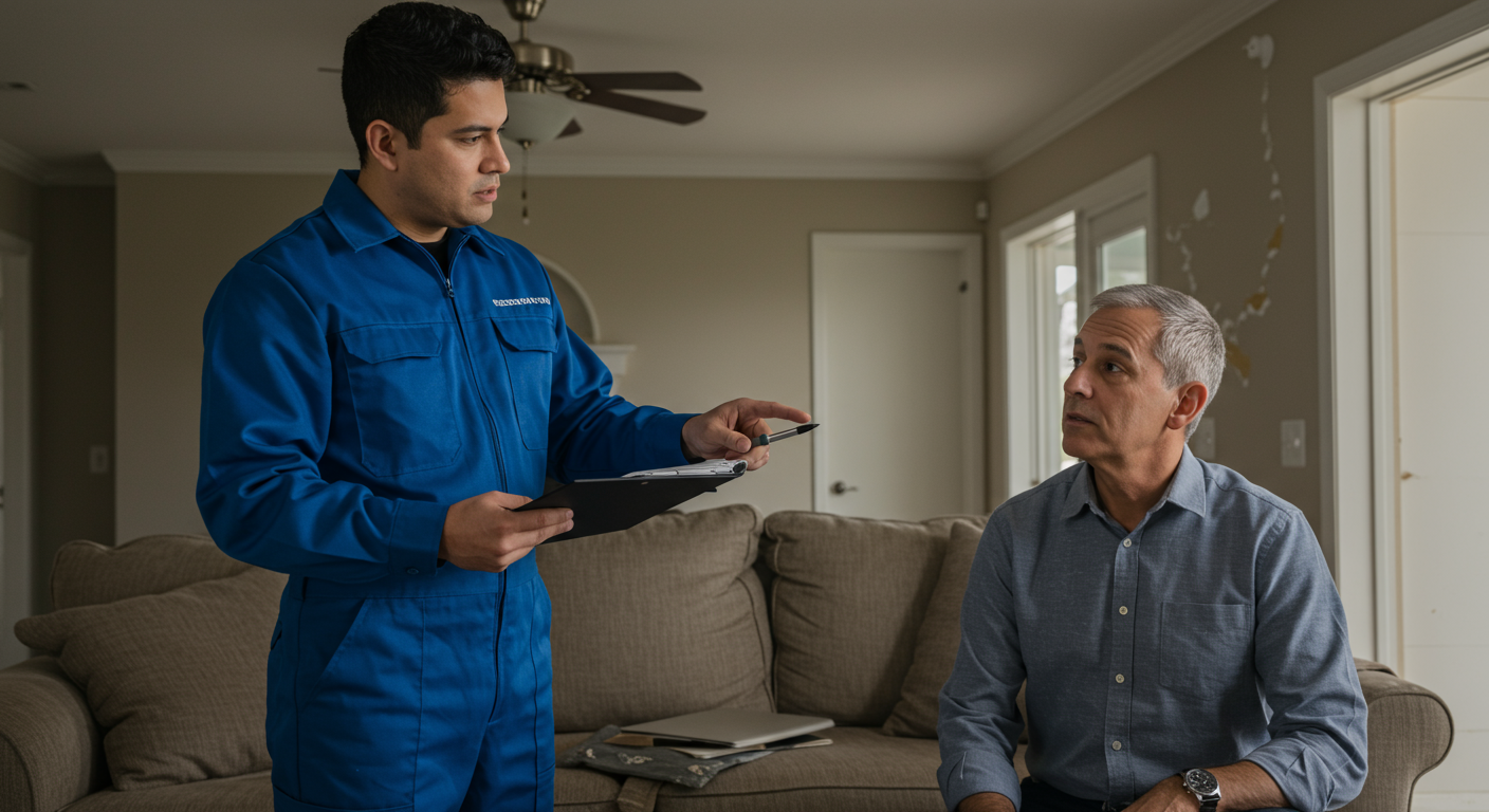 A restoration technician discussing the assessment findings with a homeowner in a damaged living room, pointing out areas of concern while the homeowner listens attentively.