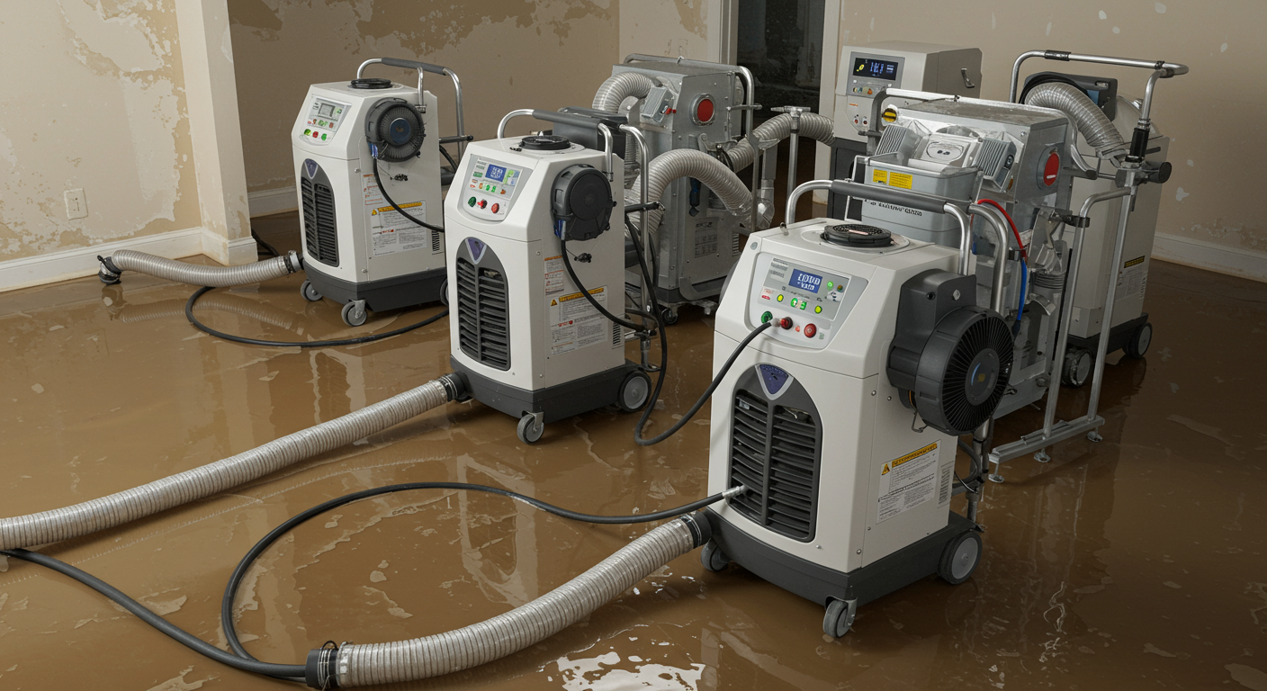 A detailed view of drying equipment set up in a flooded room, showcasing the technology used in the restoration process.