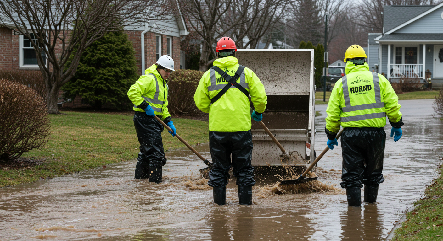 A professional flood cleanup team wearing safety gear actively removing water from a flooded residential area. The scene captures the urgency and professionalism of the crew.