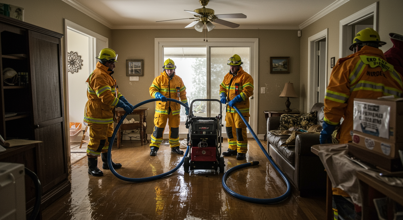 A team of emergency responders in protective gear actively working to extract water from a flooded residential living room. The scene shows water-damaged furniture and equipment being used to remove excess water.