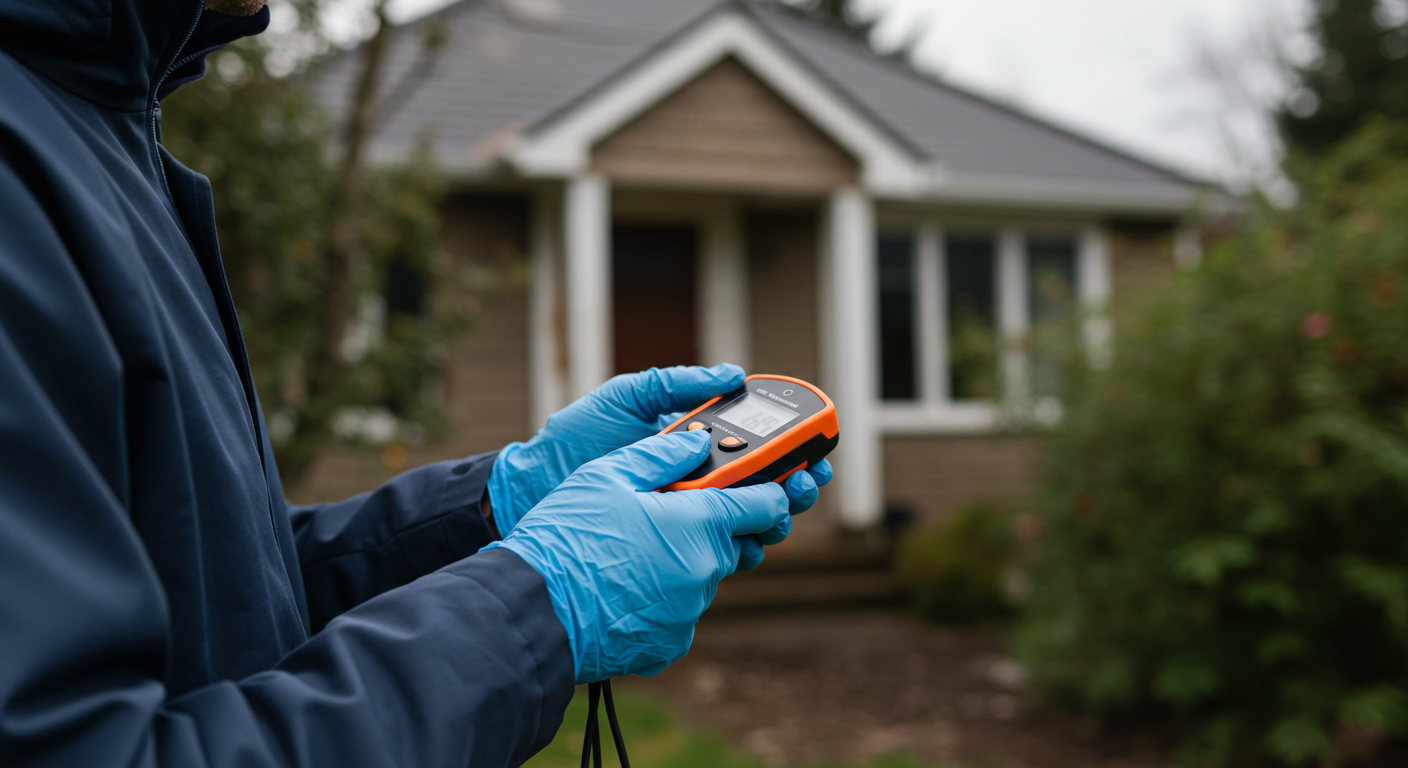 A technician inspecting a property for water damage, holding a moisture meter. The background features a home with visible signs of water intrusion.