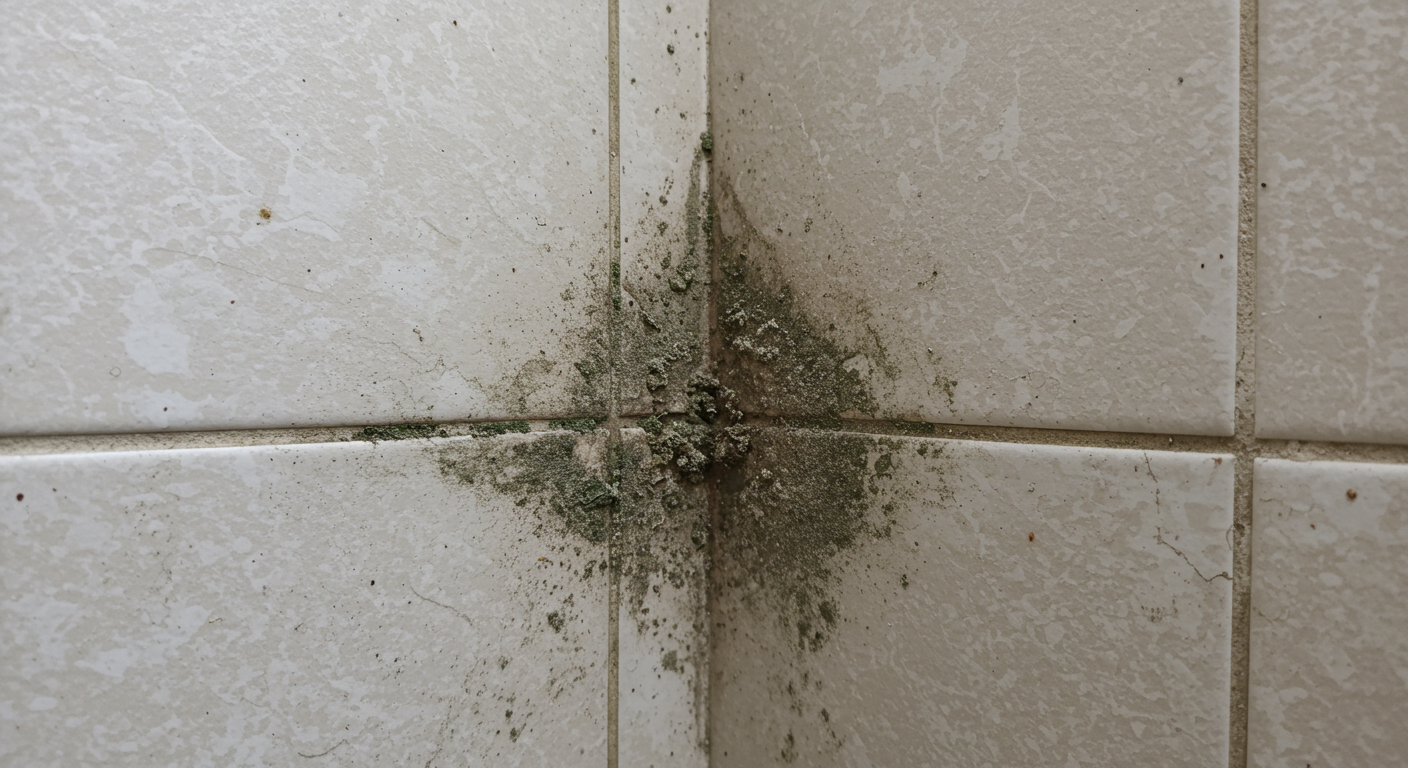 A close-up shot of a bathroom corner showing visible mold growth on the wall and tiles, highlighting the damp conditions that promote mold.