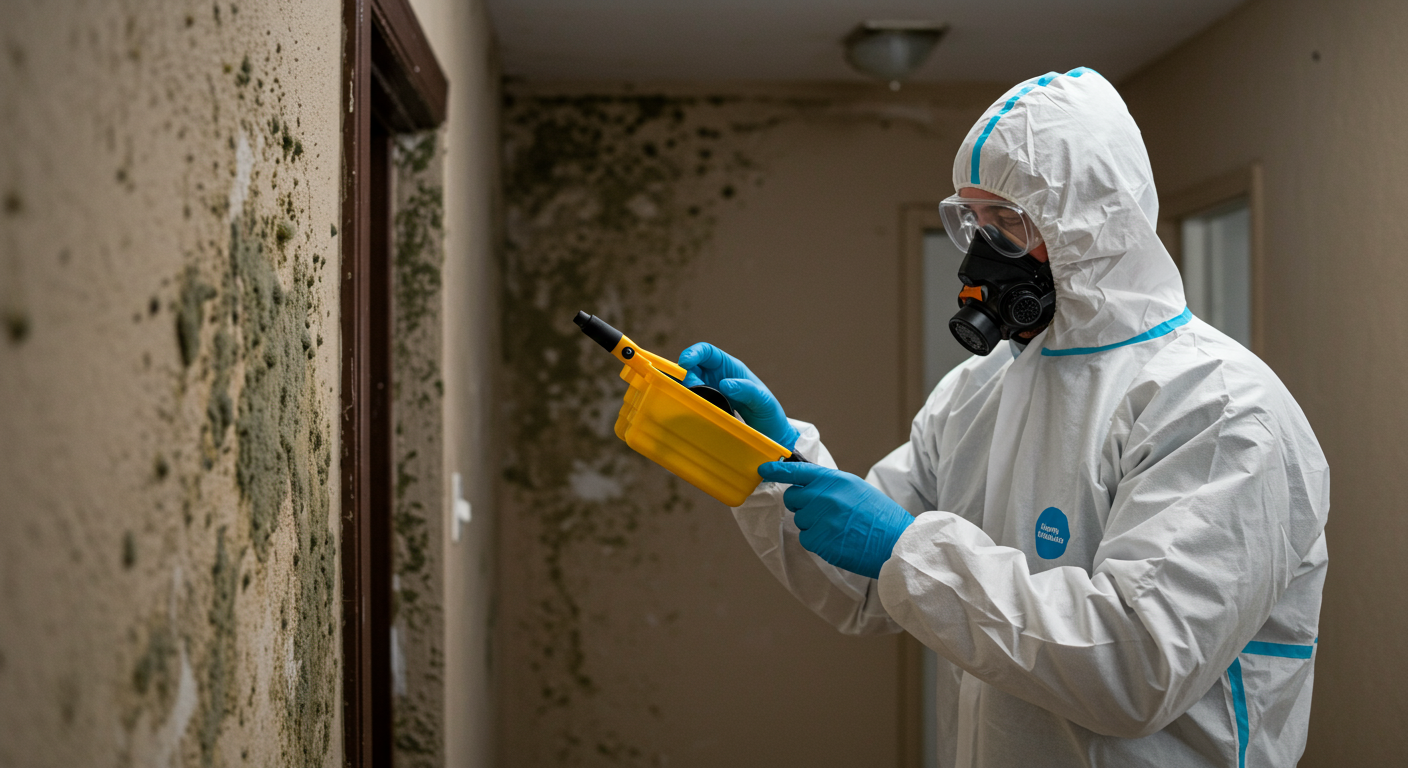 A professional mold remediation technician in protective gear inspecting a home for mold. The background shows a residential setting in El Centro, with visible signs of mold on the walls.
