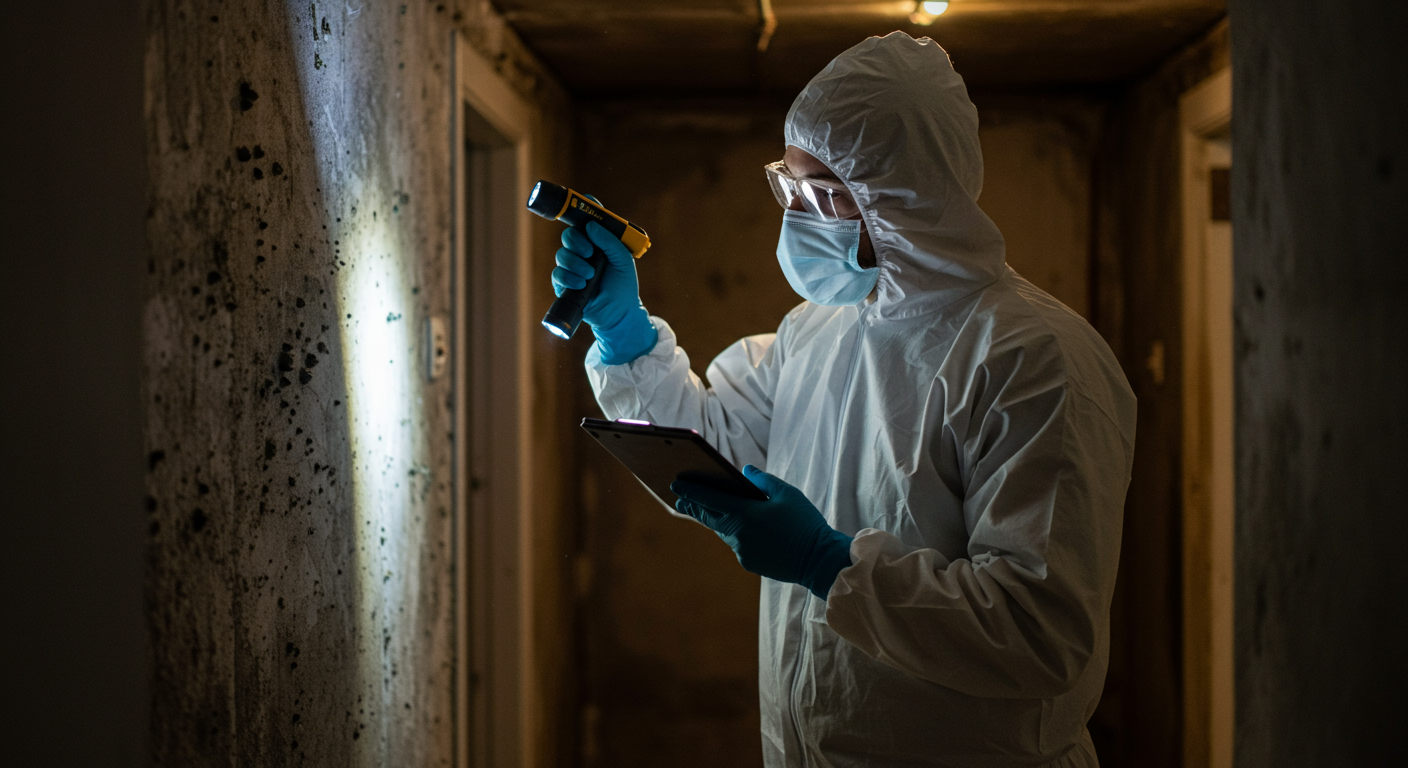 A professional technician in protective gear inspecting a home for mold, using a flashlight and moisture meter.