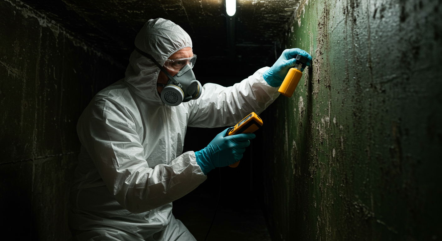 A professional mold inspector in protective gear examining a damp wall with a moisture meter, showcasing the inspection process.