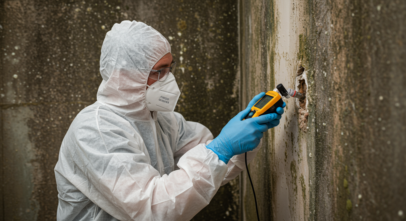 A professional mold remediation technician in protective gear inspecting a damp wall with visible mold growth. The technician is using a moisture meter, showcasing the assessment process.