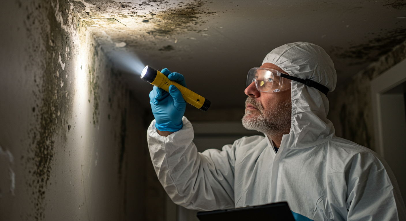A professional technician in protective gear inspecting a home for mold growth, using a flashlight to highlight affected areas.