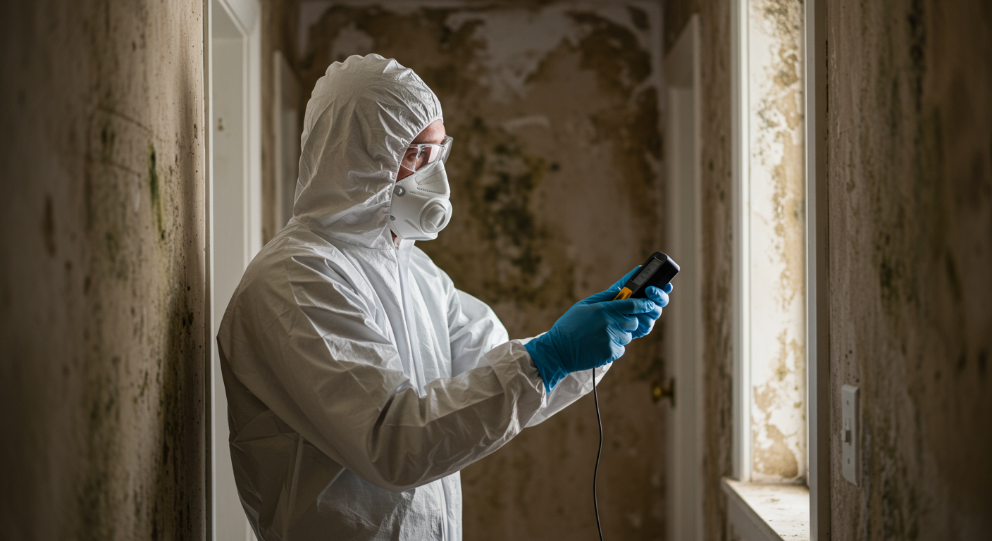 A professional mold remediation technician in protective gear inspecting a home for mold. The technician is using a moisture meter, with visible signs of mold on the walls in the background.