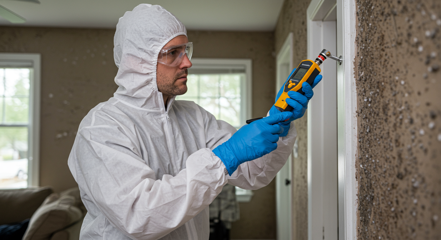 A professional mold inspector examining a wall with a moisture meter, wearing protective gear.