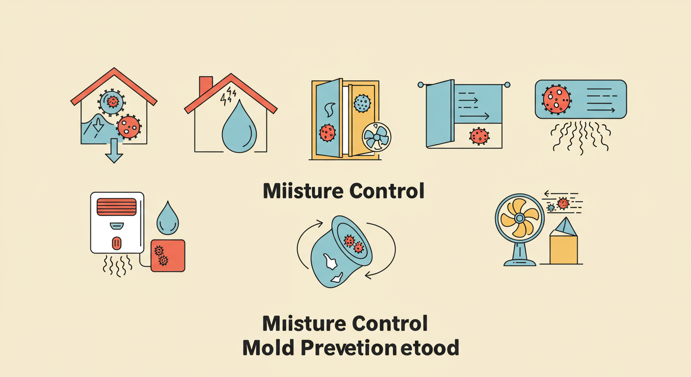 An infographic-style image illustrating effective mold prevention methods, such as moisture control and ventilation tips, with icons representing each method.