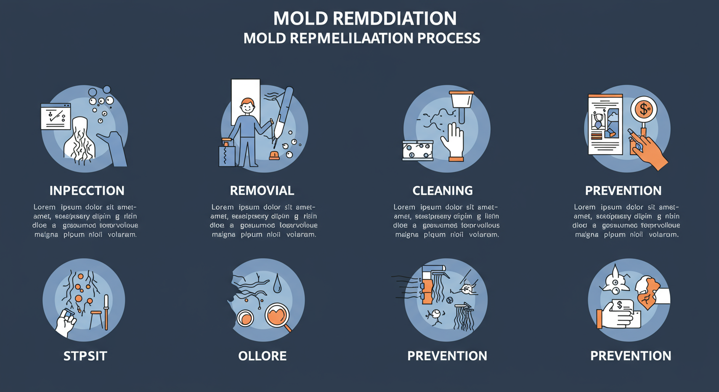 An infographic-style image showing the steps of the mold remediation process, with visual representations of each step (inspection, removal, cleaning, and prevention).