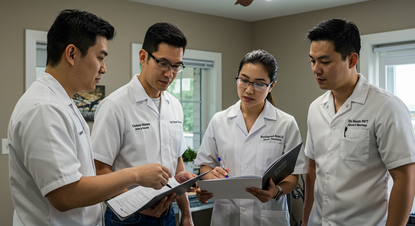 A team of certified mold remediation specialists discussing their strategy in a home setting.