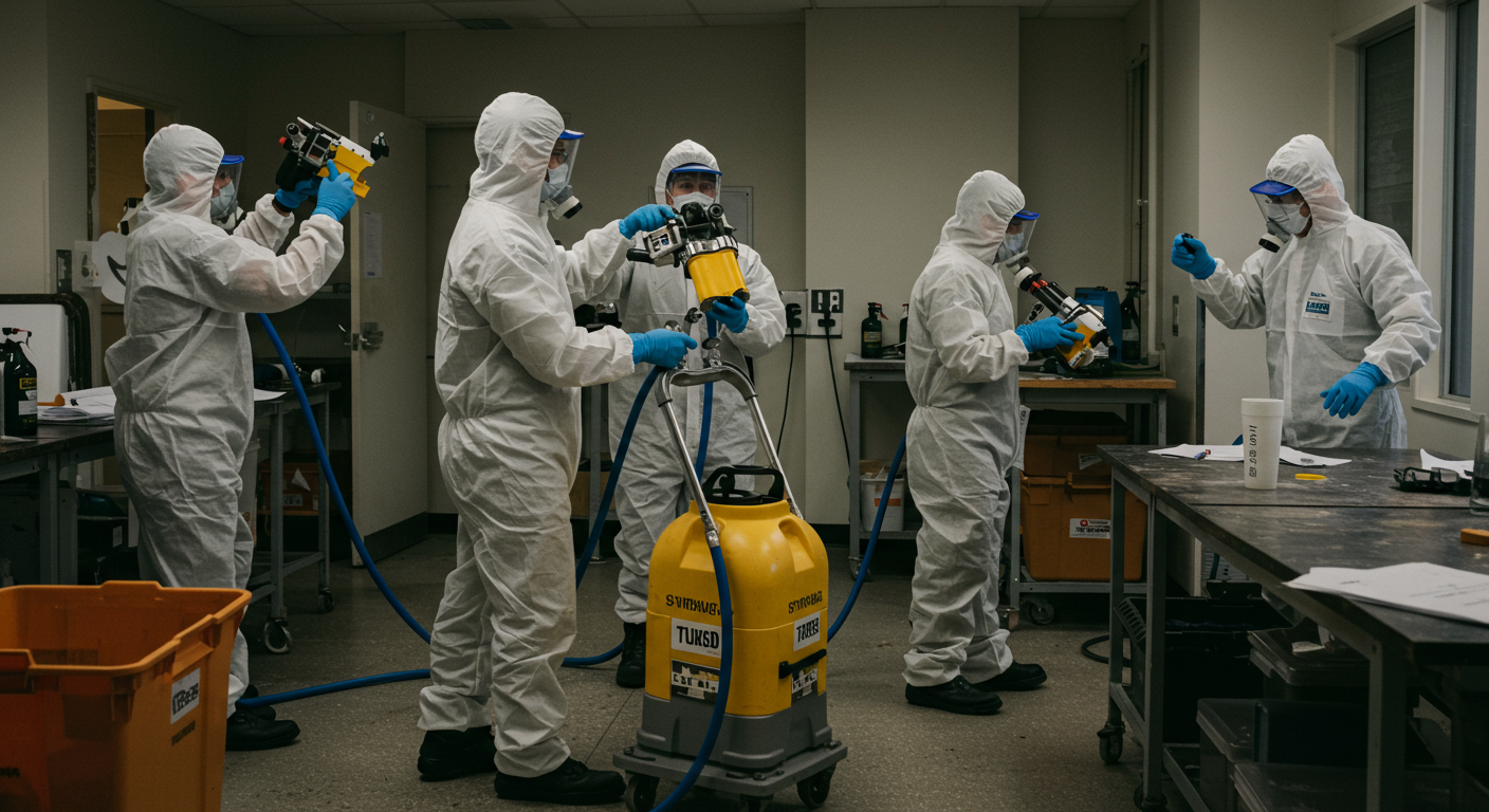 A team of certified technicians in protective gear actively removing mold from a commercial building. They are using specialized equipment, and the setting is a clean, organized workspace.