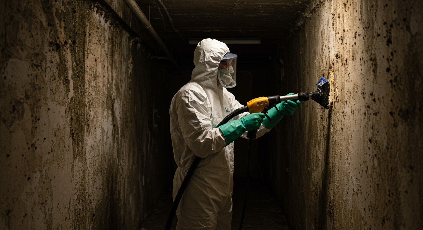 A technician in protective gear using specialized equipment to remove mold from a wall.