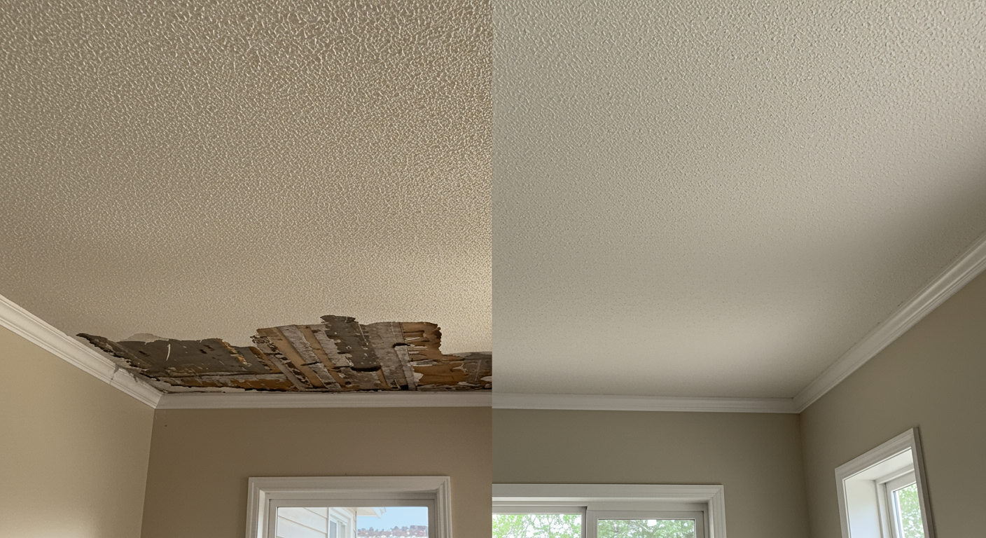 A split image showcasing a popcorn ceiling before removal on one side, and a clean, smooth ceiling after abatement on the other side. The contrast highlights the transformation and improvement in aesthetics.