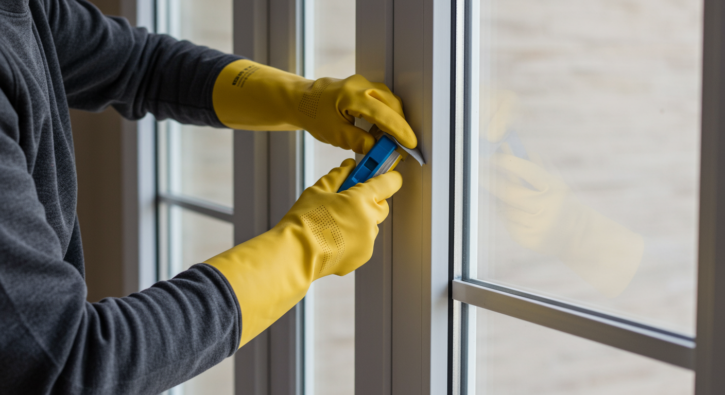 A homeowner sealing windows and doors with weather stripping, demonstrating proactive measures to prevent humidity and mold.