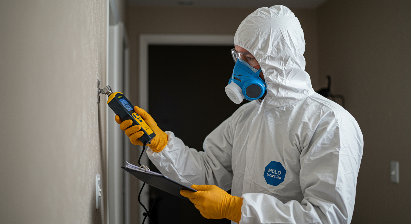 A professional mold inspector in protective gear, examining a wall with a moisture meter in a residential home. The focus is on the inspector's careful attention to detail.
