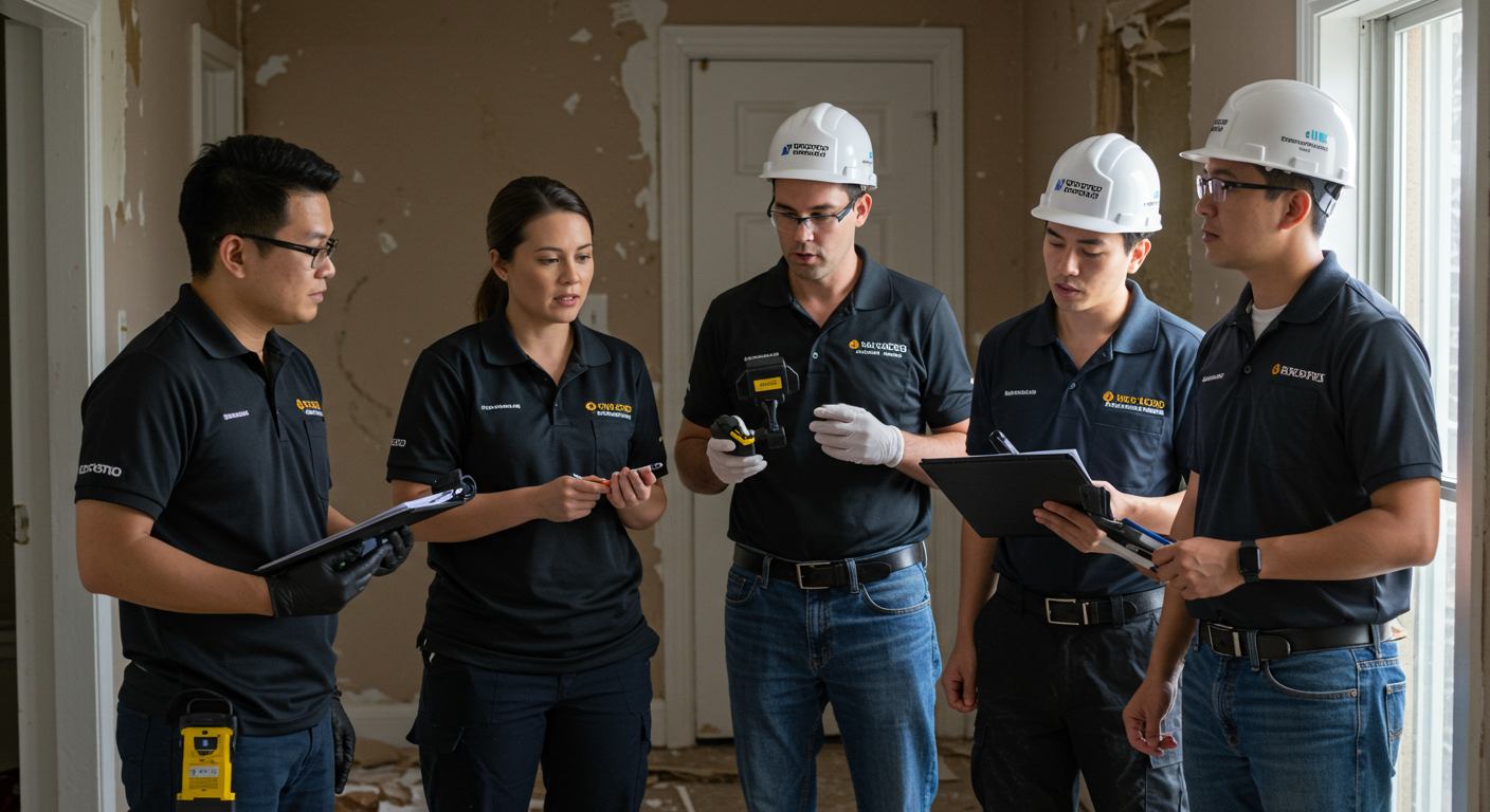 A team of flood restoration professionals inspecting a property with moisture detection equipment. They are discussing their findings, with visible signs of water damage in the background.