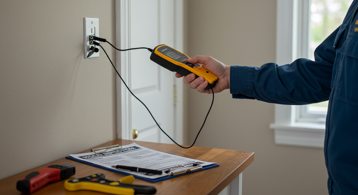 A mold inspector using a moisture meter on a wall, with a clipboard and tools nearby. The setting is a residential home, emphasizing the thoroughness of the inspection process.