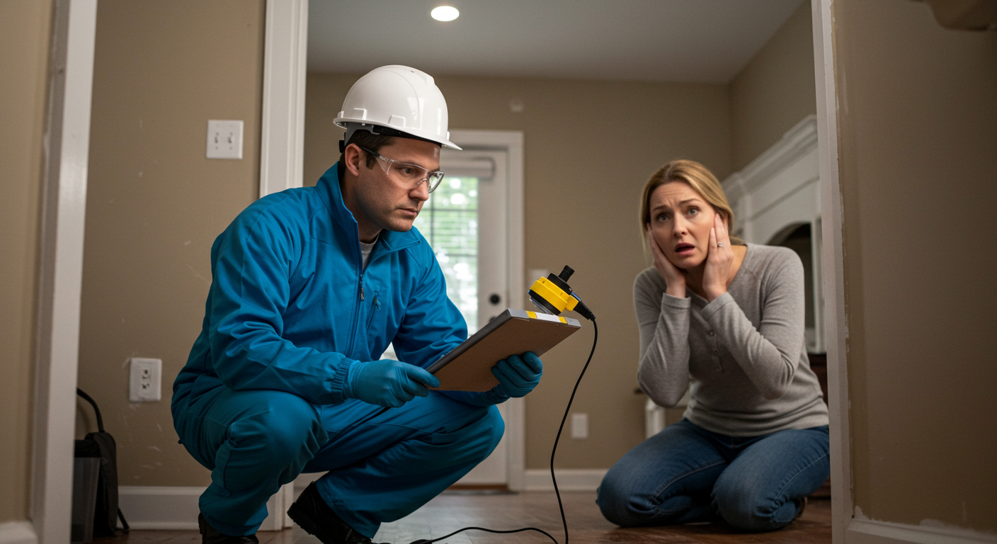 A technician inspecting a water-damaged area with moisture detection equipment, while a homeowner looks on with concern. This image emphasizes the assessment phase of the restoration process.