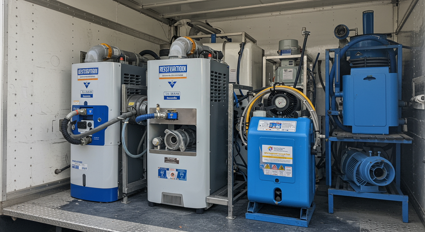 Close-up of specialized equipment used in water damage restoration, such as dehumidifiers and air movers, arranged neatly in a restoration truck.