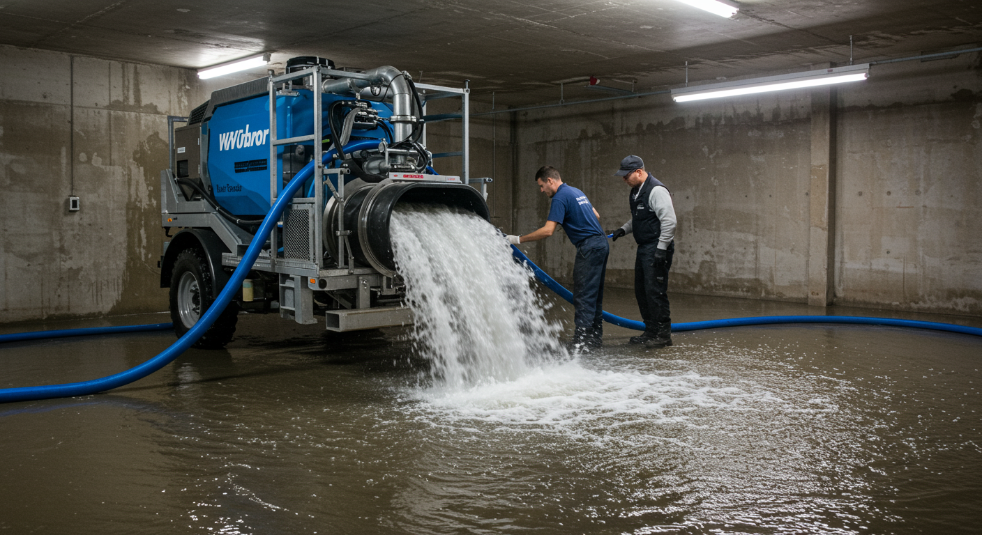 A high-quality image of a powerful water extraction machine actively removing water from a flooded basement, with technicians monitoring the process.