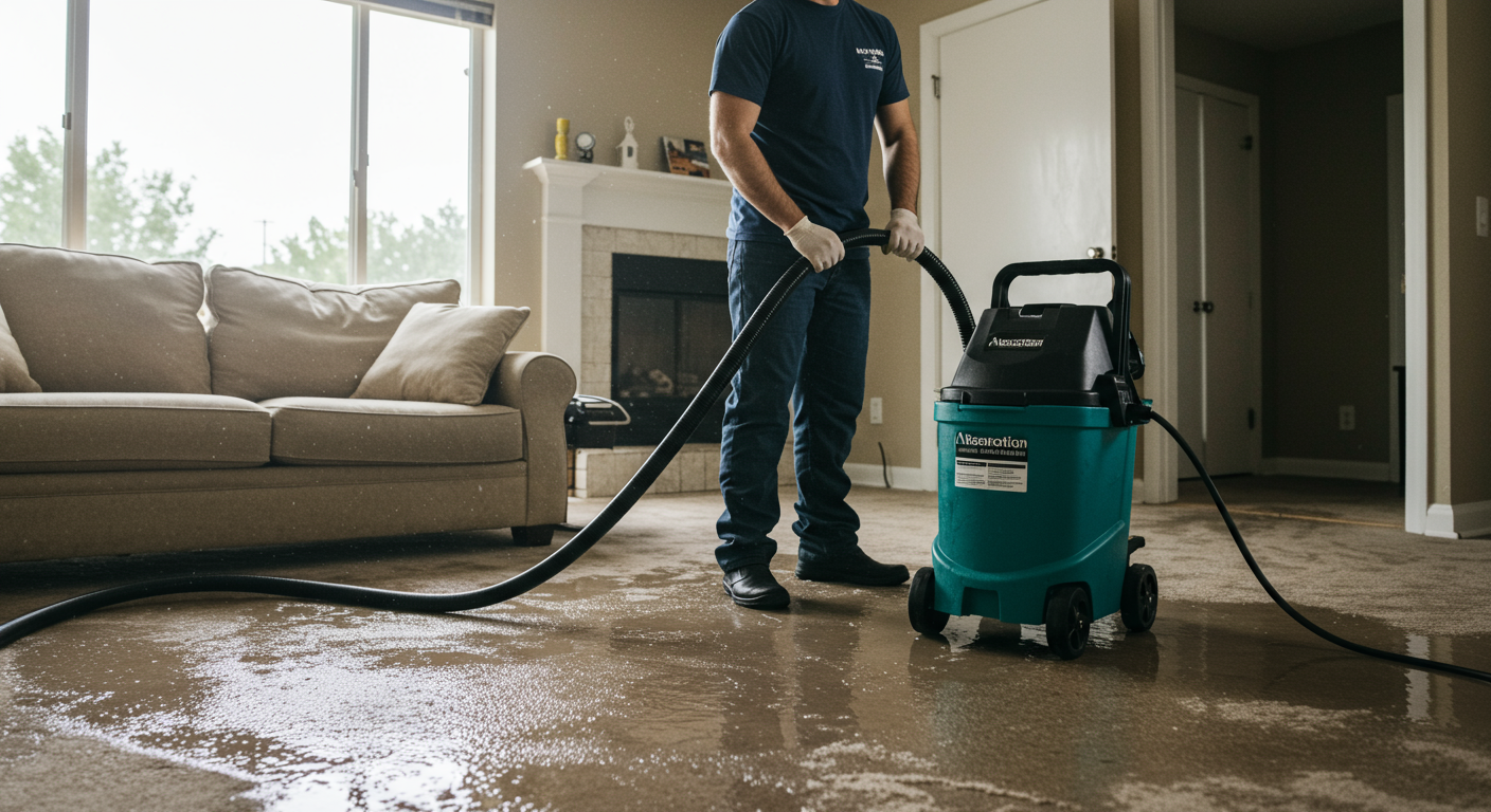 A professional restoration technician is shown using a powerful water extraction machine in a flooded living room. The image captures the technician focused on their work, with water being removed from the carpet.