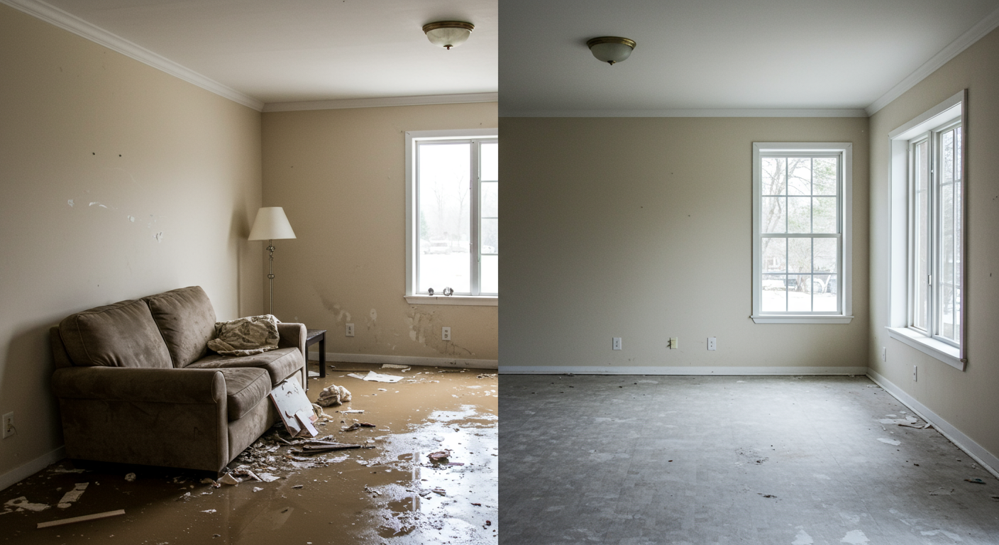 A split image showing a room before and after flood damage cleanup. The left side shows waterlogged furniture and debris, while the right side shows a clean, restored space.