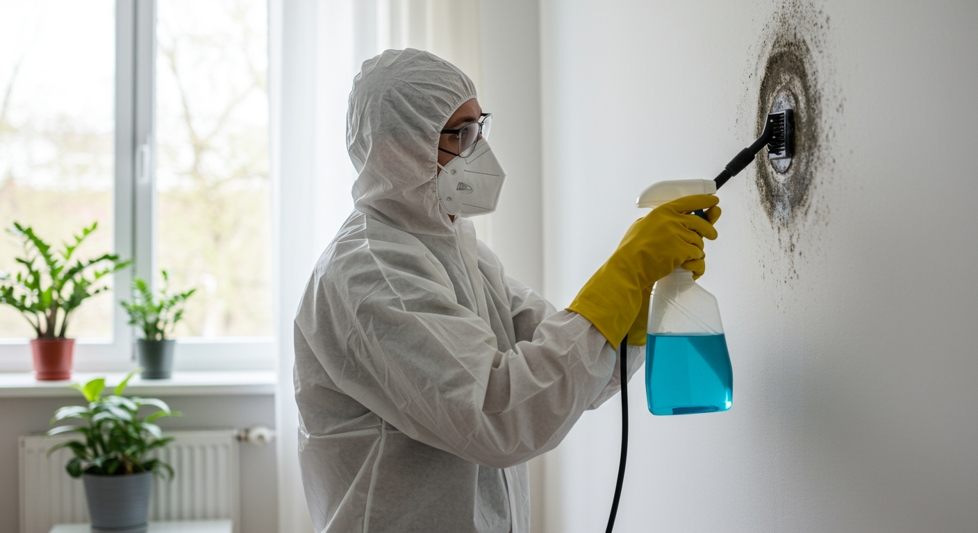 A professional in protective gear using eco-friendly cleaning solutions to treat mold on a wall. The background shows a bright, clean room with plants, emphasizing a healthy environment.