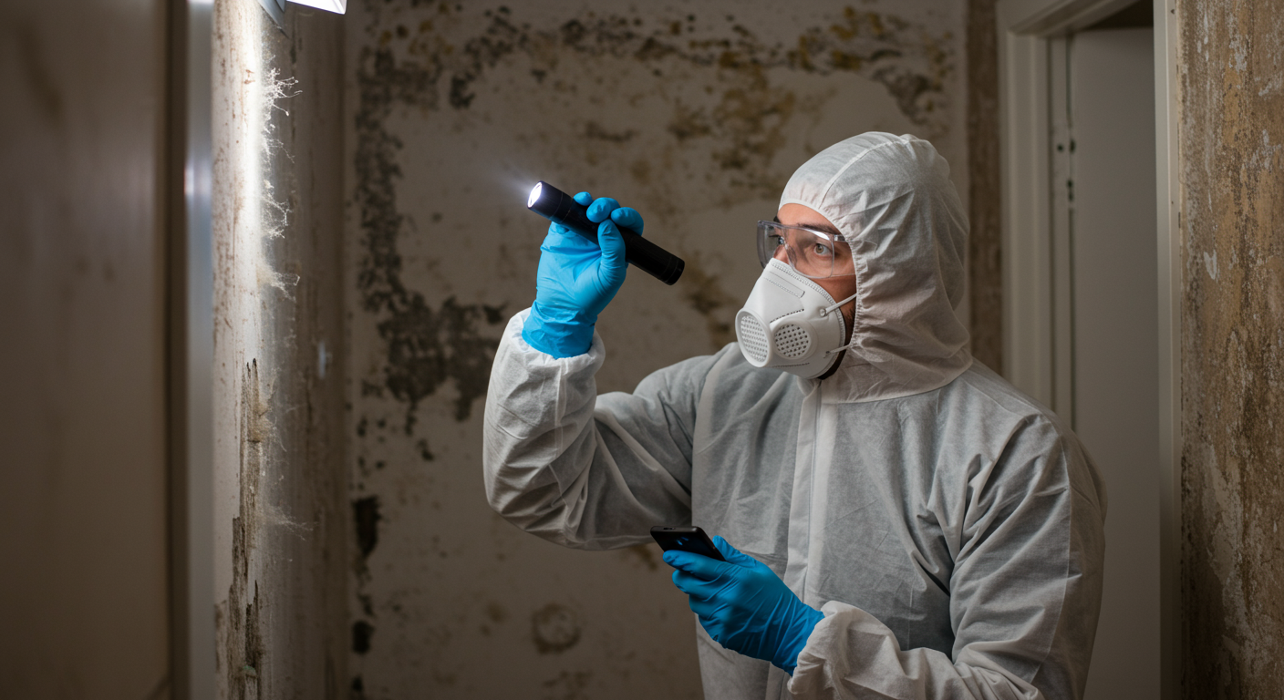 A mold removal technician in protective gear actively inspecting a mold-infested area.