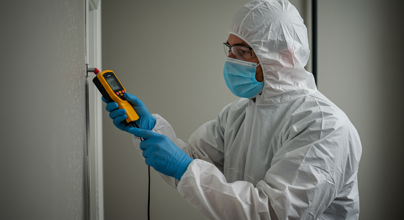 A professional mold inspector examining a wall with a moisture meter, showcasing the inspection process. The inspector is wearing protective gear, emphasizing safety.