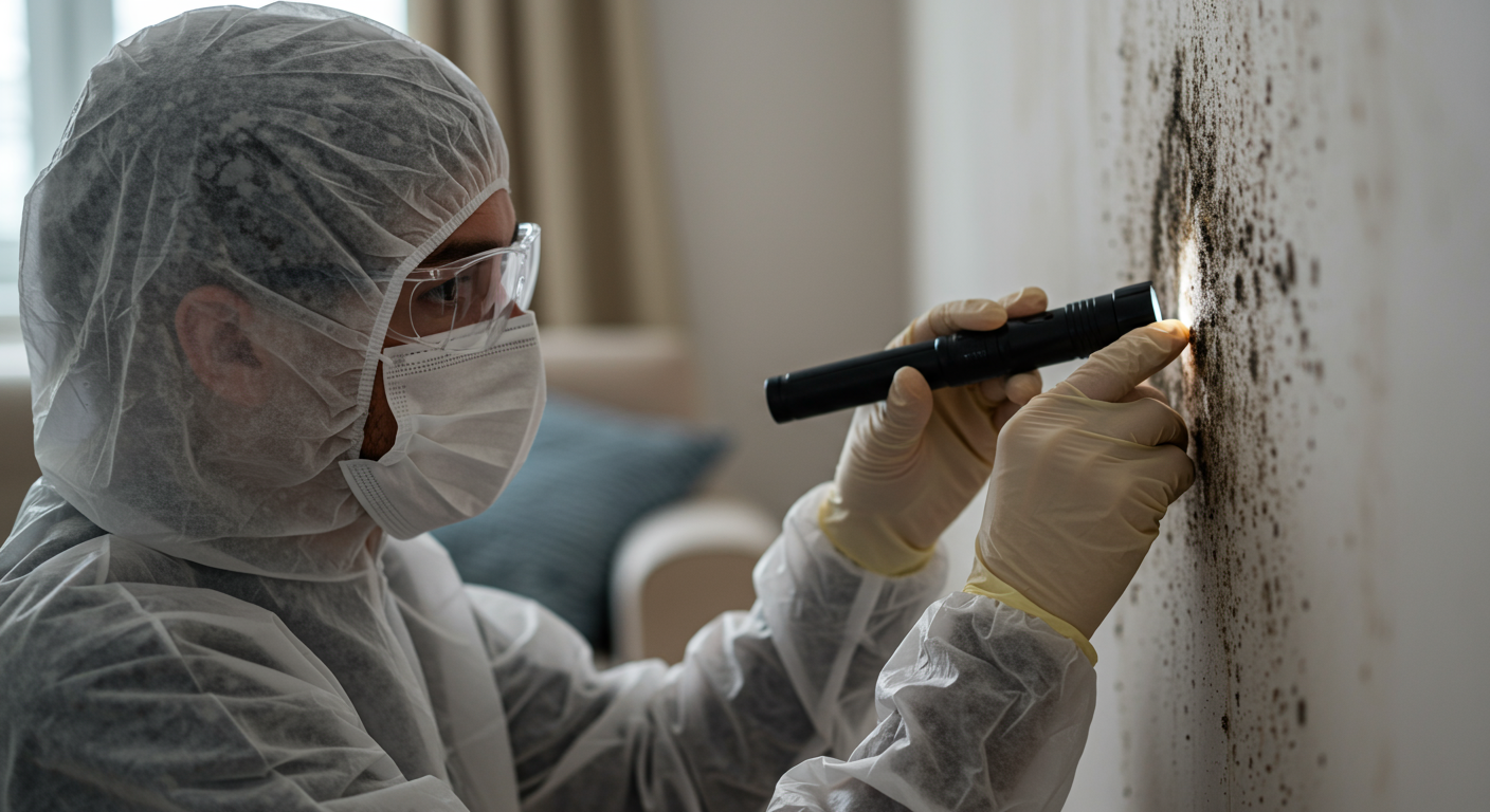 A close-up of a professional mold inspector examining a wall with a flashlight, revealing dark mold spots. The setting is a cozy living room with furniture slightly moved aside to access the wall.