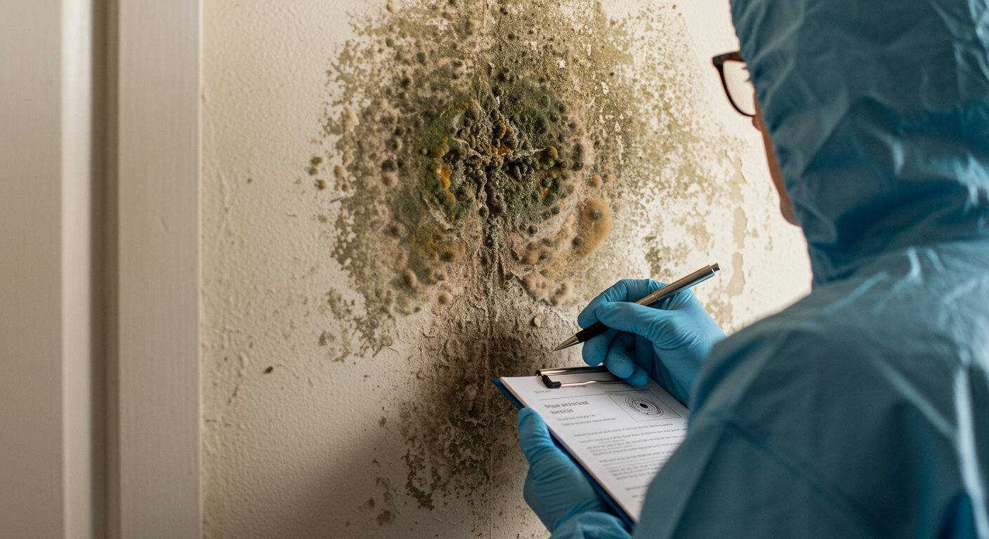 A technician inspecting a mold-affected area in a home, with a focus on the mold growth on the wall.