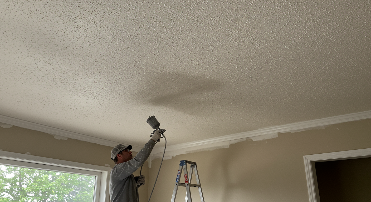 A local professional painter is in the midst of painting a textured popcorn ceiling in a cozy living room. The painter is using a spray gun, and the ceiling is partially painted, showcasing the transformation from the original popcorn texture to a smooth, fresh finish.